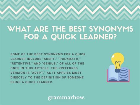Quick learner synonym - quick study. quick to learn. quickly learn. quickly learns. you learn fast. be a quick learner. i learn quickly. learn pretty quick. quickly learning. 